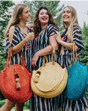 Load image into Gallery viewer, Large Peacock recycled jute bag with cane handles MULTIPLE COLOUR CHOICES